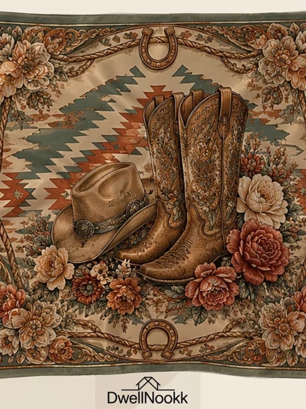 Western Cowboy Boots & Hat Decorative Scarf - Beige, Brown, Teal | 35.83”